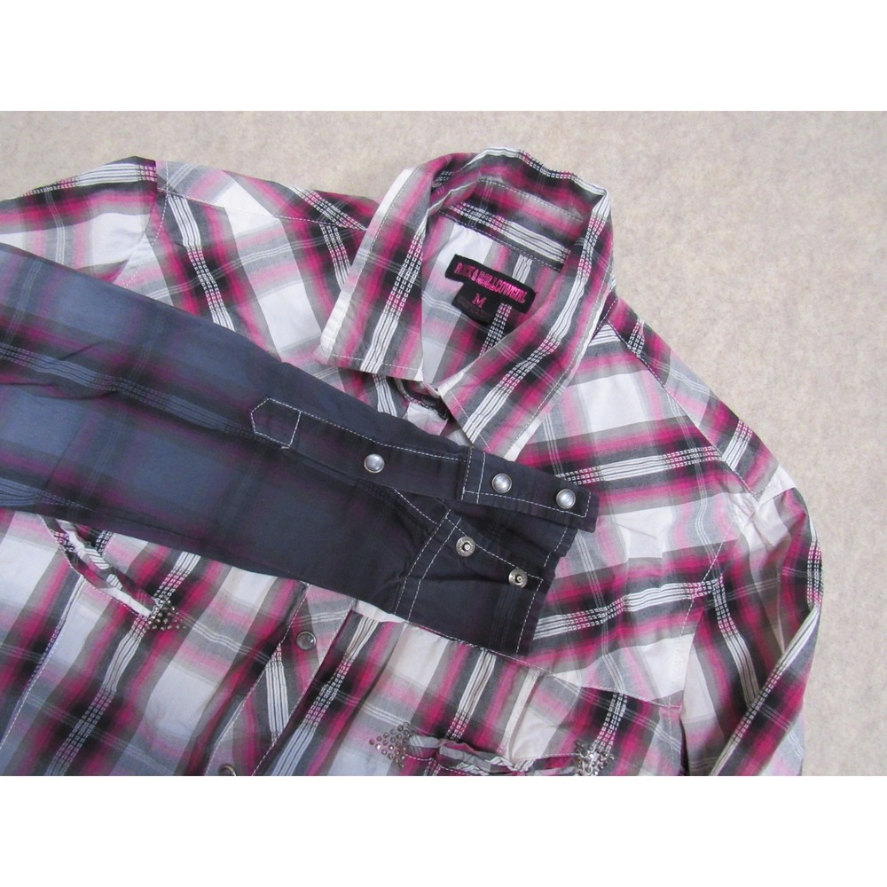 Rock & Roll Cowgirl Pink Ombre Plaid Rhinestone Western Snap Shirt Medium